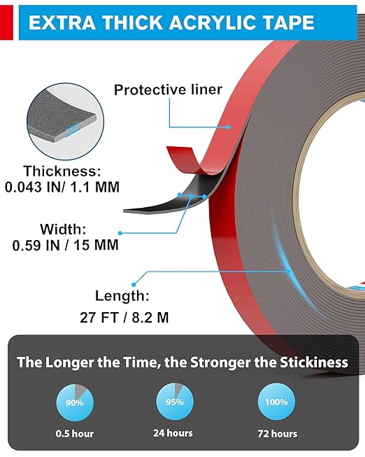 EMITEVER Double Sided Tape Heavy Duty, Tesa Adhesive Mounting Tape Waterproof, 0.59IN x 27FT Strong Acrylic Foam Tape for Walls, Automotive, Home Office Decor