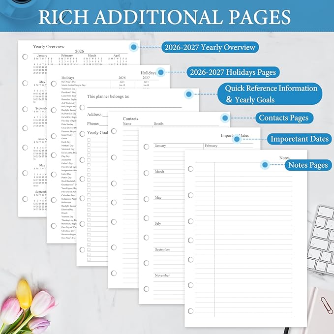 2026-2027 Weekly & Monthly Planner Refill, A5 Medium Planner Inserts with Monthly Tabs, Size 4, 5.5"x8.5", July 2026 - June 2027, 7-Hole Punched