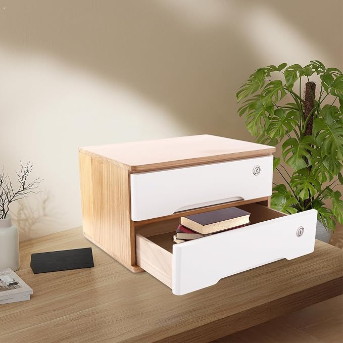 Wooden Desktop Storage Box with Lockable Drawers, Flat File Cabinet Drawer Desktop Storage Box, Countertop Storage Cabinet for Office Home Toiletries Supplies Vanity (natural wood+white, 2 Drawer)