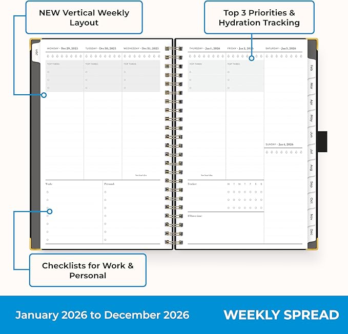 Blue Sky 2026 Weekly and Monthly Planner Calendar, January 2026 - December 2026, 5" x 8", Faux Leather Cover, Durable Twin Wire Binding, Storage Pocket, Laminated Tabs, Includes Pen Loop, Bungee, Ruler, Black