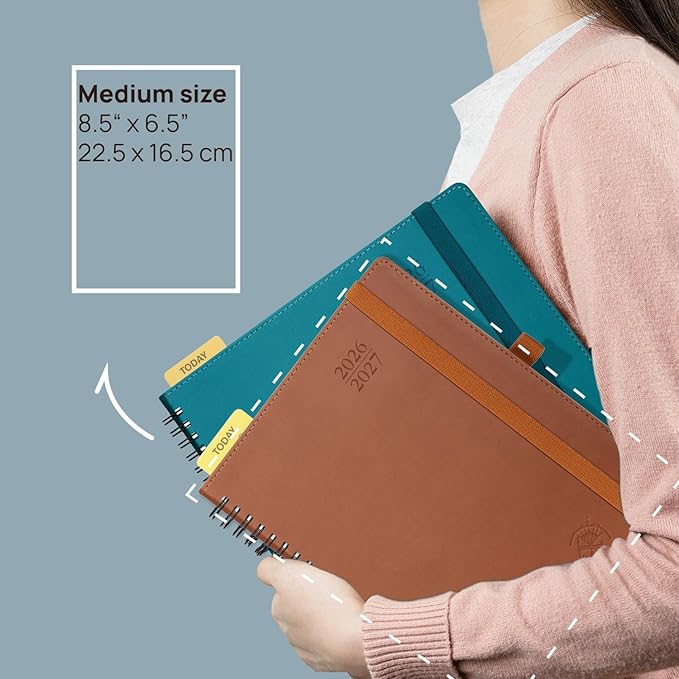 POPRUN Monthly Planner 2026-2027 (Medium 6.5" x 8.5") 18 Months Calendar (Jan 2026 - Jun 2027) - 4 Pages per Month with Expense & Notes, Stair-like tabs, Leather Cover, Sunday Starts - Pink