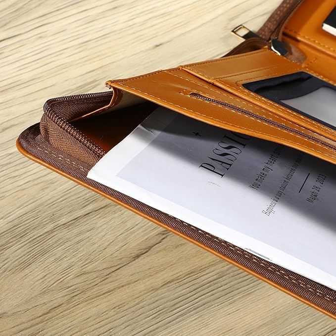 Pro PU Leather Padfolio - 10.1" Business Portfolio Organizer with Tablet & Phone Pocket, Zippered Document Holder, Card Slots & Writing Pad | Executive Gift for Professionals (Orange)