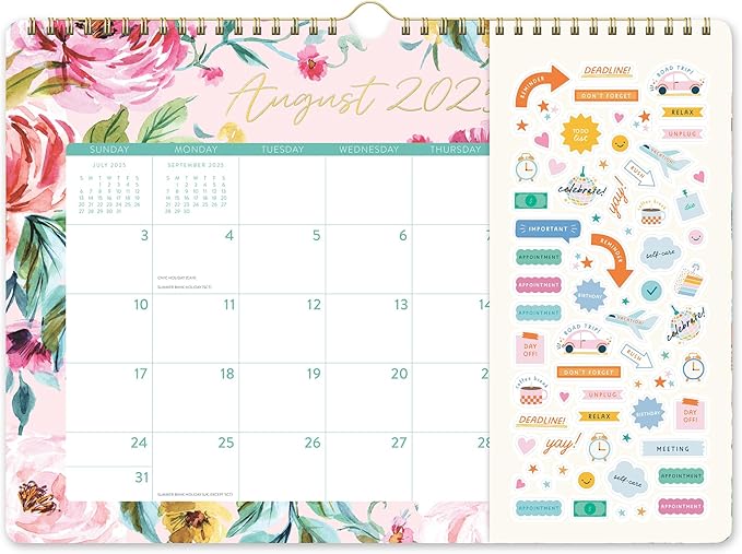 Orange Circle Studio Deluxe Wall Calendar 2025-26, Bella Flora, Large Monthly Planner with Hanging Hook for Home Office, Classroom or School Use, Family Calendar, Aesthetic Hanging Organizer