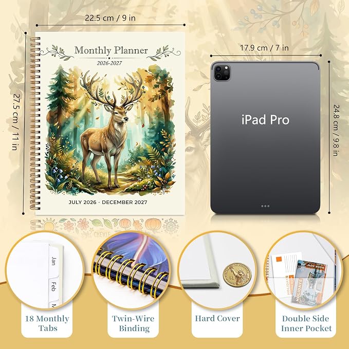 2026-2027 Monthly Planner, Jul 2026 - Dec 2027, 18 Month Large Monthly Planner 9" x 11", Hardcover Calendar Academic Planners Notebook, Spiral Daily Oragnizer for Office School and Home