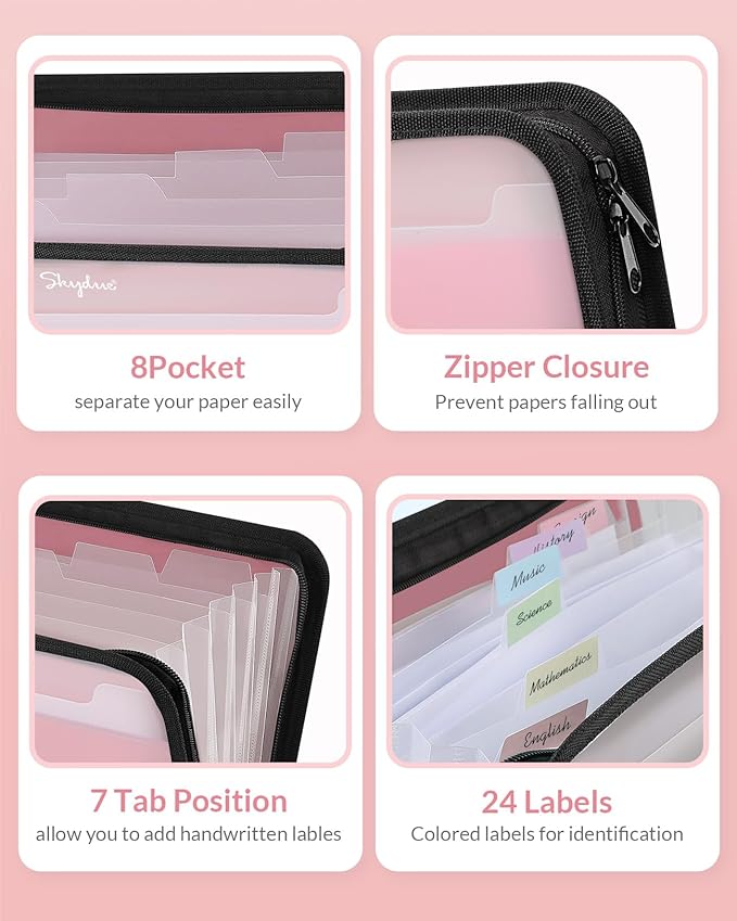 SKYDUE Accordion File Organizer, 7 Pocket Expanding File Folder with Front Pocket, Letter Size, Important Document Organizer with Double Zipper,Travel Folder, School Office Supplies