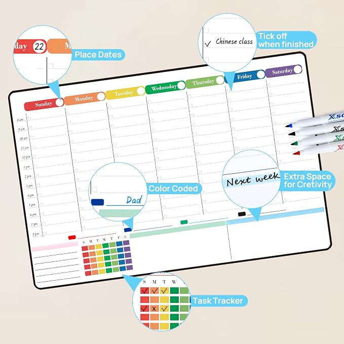 POPRUN Magnetic Calendar for Refrigerator 16.5"x11", Fridge Calendar Whiteboard with Hourly Time Slots Perfect as Schedule Planner, Planning Boards for Home, Family, Office, School