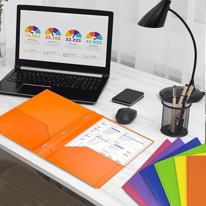 6 Pack Plastic Folders with Pockets and 3 Prongs,Colored Two Pockets folders for Docments,Assort Colors