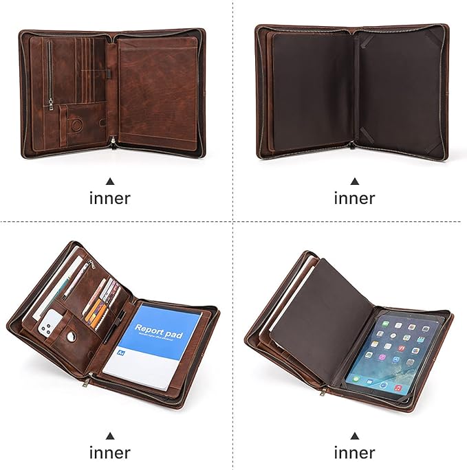 Top Grain Leather 12.9" Strap Large Portfolio, Handmade Retro Design, Large Capacity Multi-Functional Business Zip Padfolio, Holder for Cards/Tablet/Phone/AirTag/A4 Doc, Red Coffee 12.9 Inch