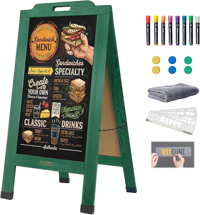 Magnetic Portable A-Frame Chalkboard Signs, 40" x 20" Large Wood Sandwich Board Signs Outdoor, Double-Sided Sidewalk Standing Chalk Board for Business, Wedding, Vendor Display, Coffee Shope - Green