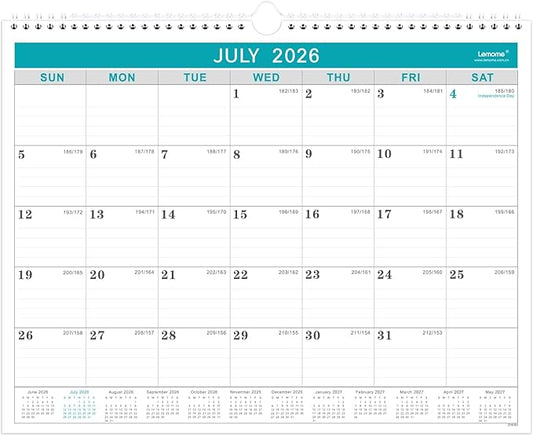 Lemome Calendar 2026-2027 Office Home Planning & Organizing, July 2026 to December 2027, Thick Paper, Julian Date, Large Monthly Wall Hanging Spiral Planner for Family and Work - Green 11.5" x 14.6"