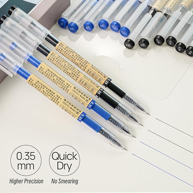 Quick Dry Gel Roller Pens, Japanese Style, 0.35mm Extra Fine Point, Precise and smooth writing, 12-Count Pack (6 Black + 6 Blue)