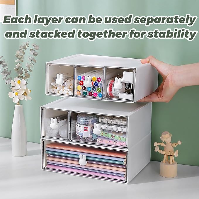 Plastic Desk Organizer with Drawers,Desktop Organizer Drawers Storage,3 Tier Drawer Organizer with 6 Drawers,Stackable Storage Drawers for Office （H 9.6in）, White