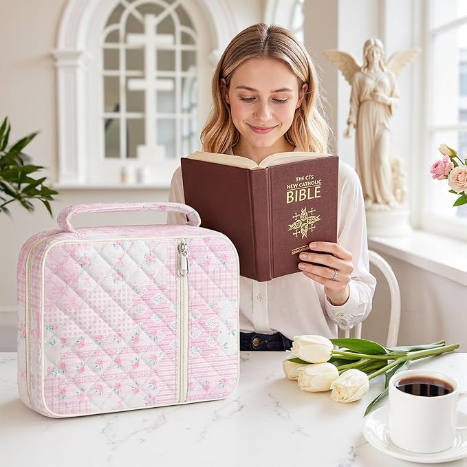shirabags Quilted Bible Cover Case for Women - Elegant Cotton Bible Bag for Study, Church, Christian Gifts for Women (Pink Floral Bow Patchwork, M)