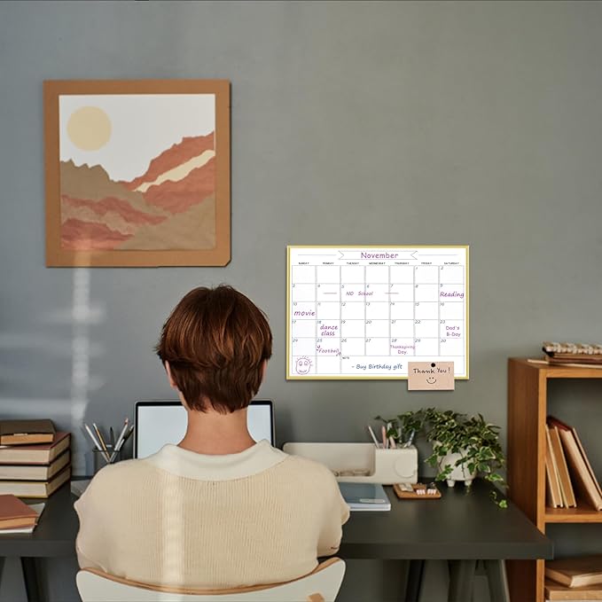Dry Erase Monthly Calendar Whiteboard, 10.5"x 14.5" Gold Aluminum Frame, Magnetic White Board for Wall Office/School/Home, Hanging Board for Decoration/Kitchen Grocery List（YL-Gold-2737-B）