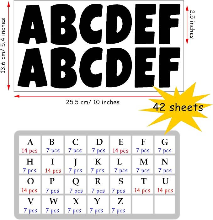 Bemeol 42 Sheets 504 Pieces Letter Stickers Bulletin Board Letters 2.5 Inch Self Adhesive Alphabet Sticker Letters for Poster Board Classroom Crafts Home Decor(Black)
