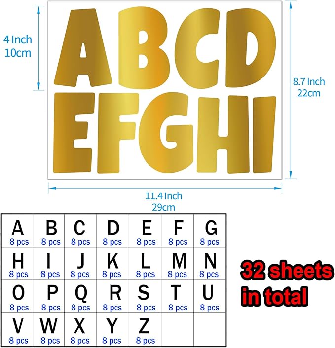 Bemeol Bulletin Board Letters 32 Sheets 4 Inch Stick on Letters Alphabet Cutout Letter for Bulletin Board Display School Classroom Home Decor(Gold)