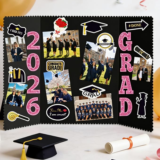 Graduation Photo Display Board - 4 Set Trifold Poster Board for Graduation Party, Pink Folding Picture Presentation Frame for Multiple Pictures Table Decor (24x16 Inches)