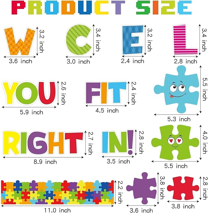 Puzzle Bulletin Board Cutouts Set - 123P Back to School Welcome You Fit Right in Positive Accent Decorations Colorful Puzzle Pieces Borders, First Day of School Student Classroom Wall Decor