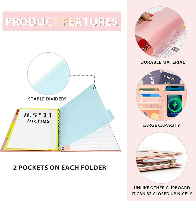 Ospelelf Clipboard with Storage for Women, Leather Padfolio Portfolio Organizer 5 Folders with 10 Pockets, Spiral Clipboard Folio with Notepad for Letter Size, Elastic Closure and Pen Loop Rose Gold
