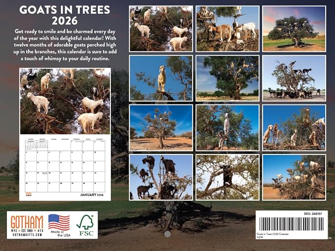 Goats In Trees Calendar 2026 Goat Monthly Wall Calender 12 Month | American Made In The USA