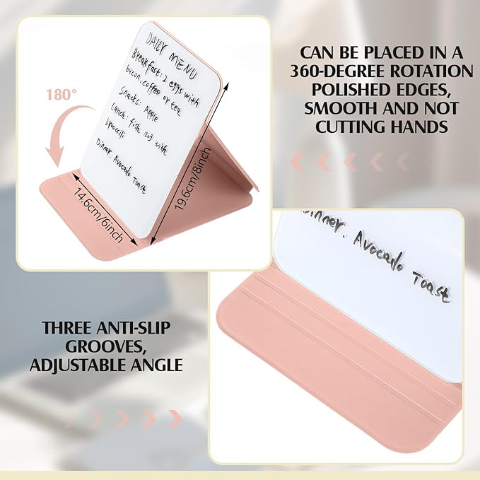 Dunzoom 2 Pcs Small Glass Desktop Whiteboard with Reversable Stand 8 x 6 Inch Mini Dry Erase White Board Easel with 2 Markers Reusable Desk Notepad for Home Office School Supplies (Pink)