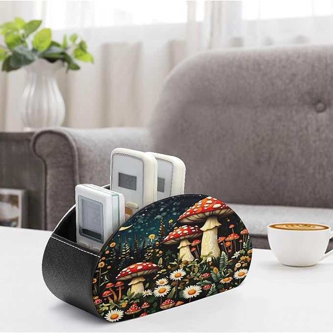 Moon Mushroom Forest Remote Control Holder with 5 Compartment PU Leather Multi Functional Desk Storage for TV Remotes Office Supplies