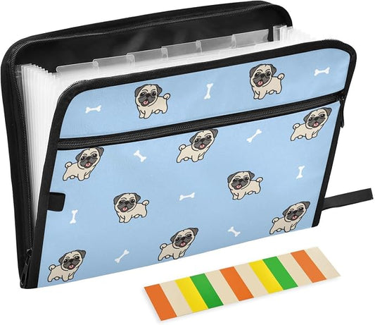 Cute Pug Dogs Cartoon File Folders,Plastic Folders with 13 Pockets,Expandable File Folder for Documents School Students Office,Aesthetic Folder with Labels A4 Letter Size