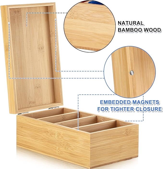 Henoyso 3 x 5 Inch Index Card Holder Set, Bamboo Organizer Box with 50 Dividers & 2 Sheets Alphabet Number Stickers File Note Holders, Holds 1200 Cards for Office Business Home Kitchen, Wooden Color