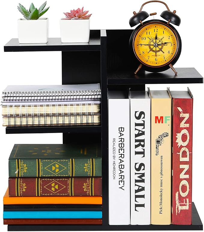 PAG Wood Desktop Shelf Small Bookshelf Desk Supplies Organizers and Accessories Storage Display Rack Office Decor for Women, Black