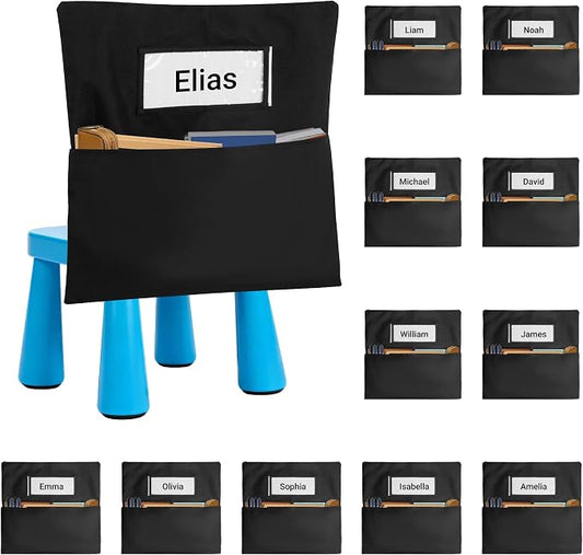 12PCS Chair Pockets for Classrooms15 x 14 inch | Oxford Black Chair Back Buddy Pockets, with Name Slot & Tags, Back of Chair Organizer for Classroom Storage