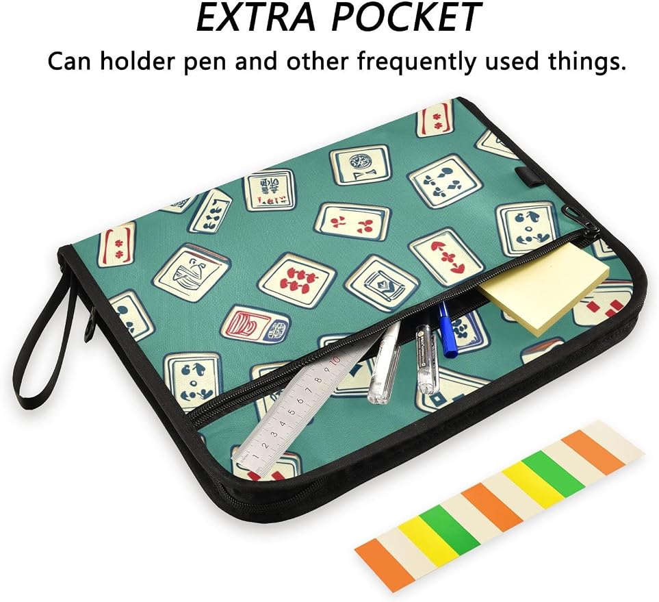 File Folders Green Mahjong Style Plastic Folders with 13 Pockets, Expandable File Folder for Documents School Students Office, Aesthetic Folder with Labels A4 Letter Size