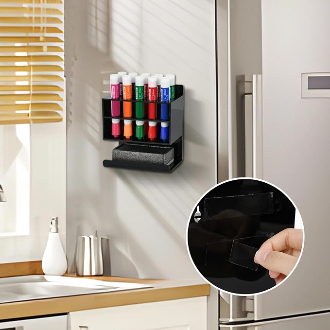 Dry Erase Marker Holder, 2 PCS Wall Mounted Acrylic Marker Holder with 10 Slots, Sticky Pen Storage for Classroom Organization, Office, Whiteboard, Desk Locker Accessories, Black