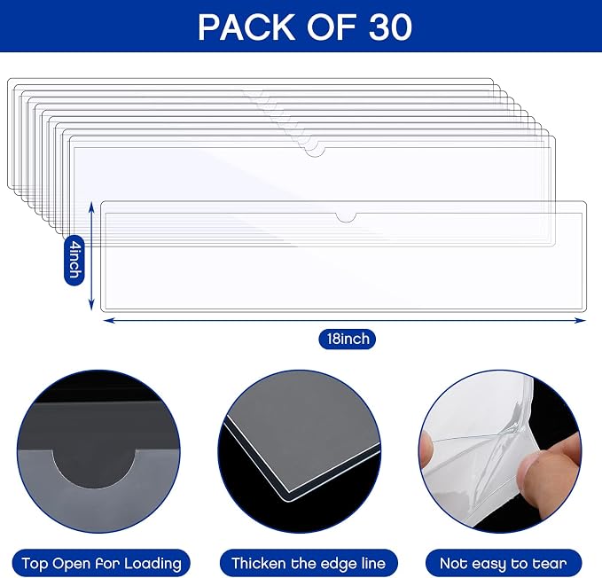 Chinco 15 Pcs Self Adhesive Pockets, Bin Labels for Storage Bins, Clear Pocket Label Sleeves, Plastic Index Card Holder with Top Open for Organizing Bins Box Drawer (18 x 4 Inches)