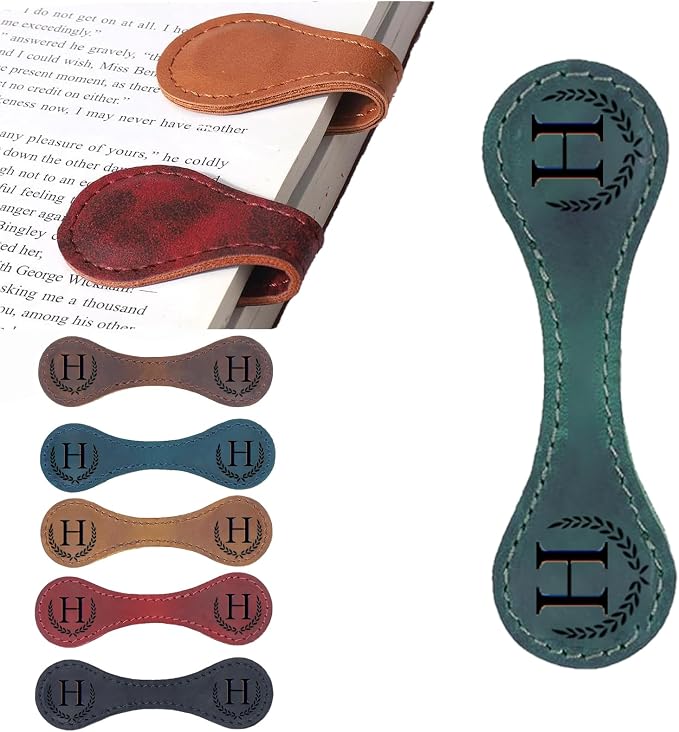 Personalized Magnetic Leather Bookmark, 26 Letters Custom Leather Bookmarks, Handmade, Leather Magnetic Bookmark for Book Lovers Readers Women Kid(Green，H）