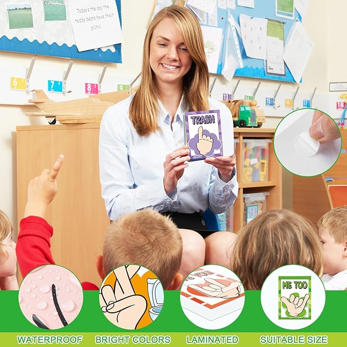 MotiMind 15 Pcs Classroom Hand Signal Cards Signal with Adhesive Tapes Decor Classroom Learning Bulletin Board Hand Signals Language Posters for Teachers Students Visual Cues(Rainbow)