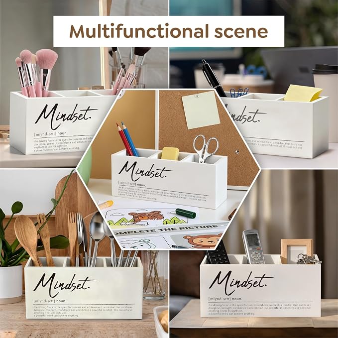Inspirational Pen Pencil Holder, Motivational Gifts for Women Men Wood Desk Organizer and Accessories, Mindset Definition Pen Holder Desk Organizer for Office Tabletop