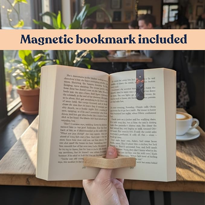 3 Piece Set: Wood Book Page Holder & 2 Magnetic Bookmarks - Ergonomic Thumb Book Opener - Ideal Reading Accessories & Gifts for Book Lovers