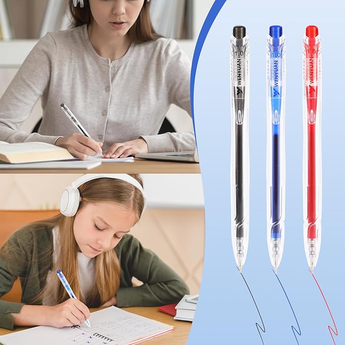 WY WENYUAN 12 Pcs Gel Pens, 1.0mm Bold Point Black & Red & Blue Pens, Quick Drying Gel Ink Pens for Smooth Writing, Retractable Ballpoint Pens for School, Office, Journaling, Note Taking