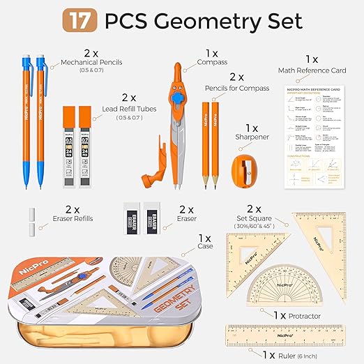 Nicpro 17 PCS Compass Geometry Set for Students, Drafting Tools Math Protractor Compass with Rulers, Mechanical Pencil, Square Set, Box of Protractors Kit for Class Supplies, Back to School Supplies