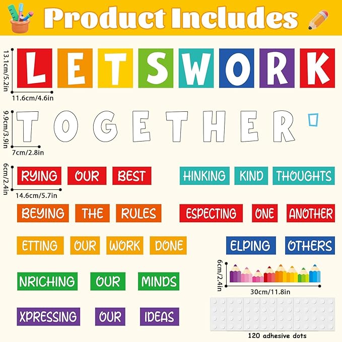Motivational Bulletin Board Decorations for Classroom Let's Work Together Wall Inspiration Door Decor Colorful Pencil Cutouts for Back to School Elementary Home Wall Door Supplies