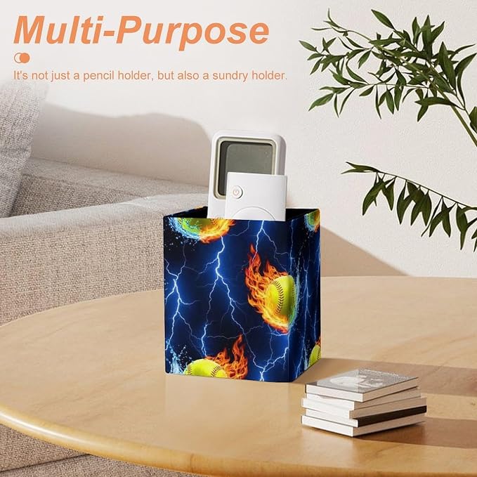 Men's Fashion Pencil Pen Holder Cup, Waterproof Office Supplies, Waterproof Multifunctional Office Supplies Blue Lightning Water Fire Flame Softball
