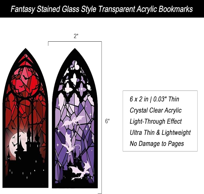 Fantasy Acrylic Bookmark Set, Stained Glass Style Transparent Bookmarks, Dark Aesthetic Romantasy Bookish Gifts for Readers & Book Lovers, Booktok Accessories (Set of 2, 6 x 2 inches)
