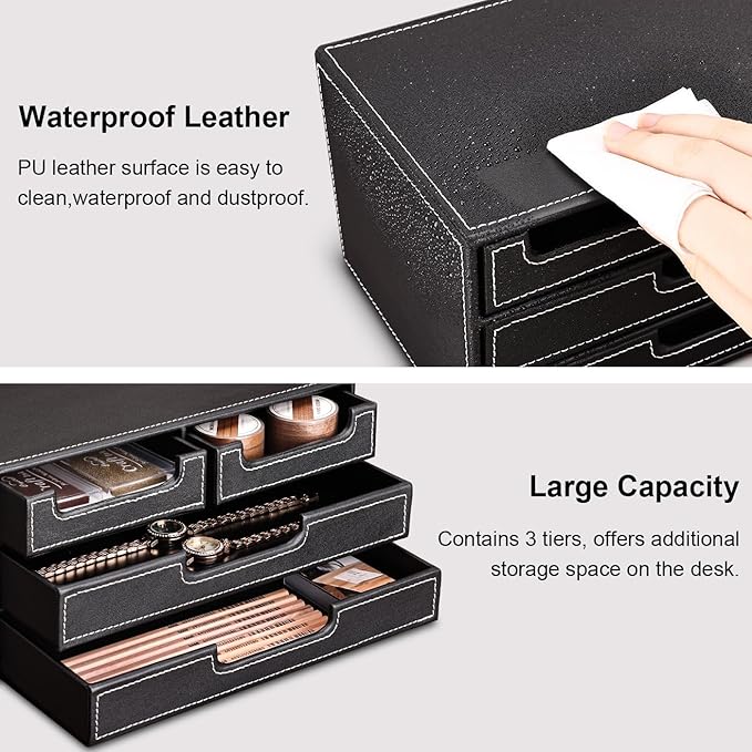 KINGFOM PU Leather Desk Organizer with 4 Drawers Small, Desktop Organizer Drawer for Office Supplies Accessories, Stationery Storage Box Bills Collection Holder Black