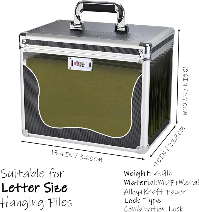 File Storage Cabinet for Letter Size Hanging File Folders, Suspension File Holder, Document Organizer Filing Lockbox in Office and Home with Combination Lock and 10-pack Hanging Files (Black, Letter)