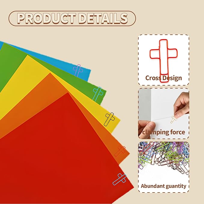 50PCS Bible Paperclips – Cross-Shaped PET Coated Paper Clips, Christian Bookmark for Bible Journaling, Planner, Office Use – Multicolored Cute Faith Gift