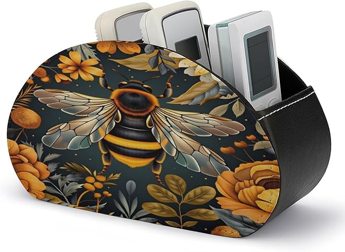 Bee Floral Remote Control Holder with 5 Compartment PU Leather Multi Functional Desk Storage for TV Remotes Office Supplies