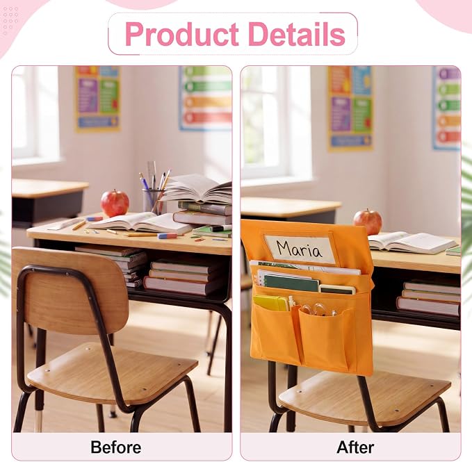 Remagr 24 Pcs Chair Pockets for Classroom Chairs, 14" x 13" Chairs Sacks with Name Tags for Chairback, Multi Pockets Storage Bags Chair Organizer for Kindergarten Elementary School(Macarons)