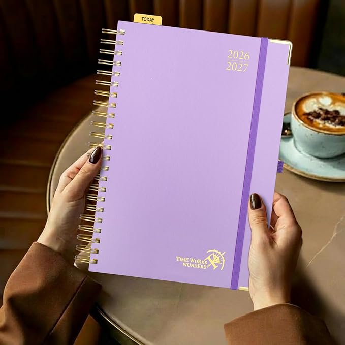 POPRUN 2026-2027 Daily Planner One Page Per Day, Large Size 8.5" x 12", Daily Calendar Book with July 2026 to June 2027, Academic Hardcover Appointment Book with Hourly Time Slots, Spiral Bound, Monthly Tabs - Light Pink