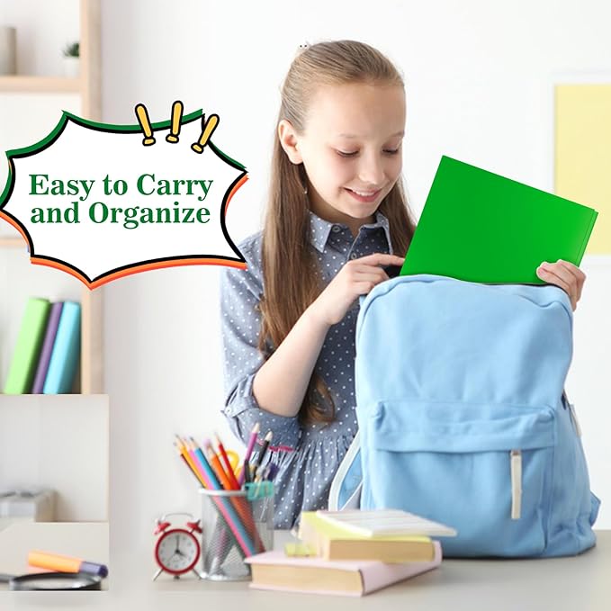 12-Pack Plastic Folders with Pockets and Prongs, 2-Pocket Poly Folders with 3 Fasteners Holds 8-1/2" x 11" Paper for School/Office/Home, Green