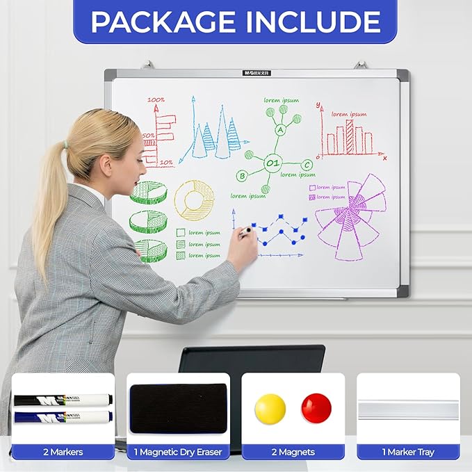 M&G Dry Erase Board Magnetic White Board for Wall, 24” x 18” Whiteboard with 2 Markers & 2 Magnets & 1 Eraser, Hanging Whiteboard with Silver Frame for Planning, Drawing, to Do List, Office Use